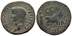 Celtiberian Coins Caesaraugusta. Time of Caligula. Unit. 37-41 AD. Zaragoza. (Abh-390). Anv.: G. CAESAR. AVG. GERMANICVS. IMP. Laureate head of Caligula right. Rev.: Pair of oxen right, C. C. A. above