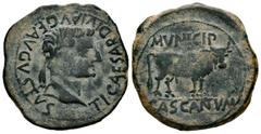 Celtiberian Coins Cascantum. Time of Tiberius. Unit. 14-36 d.C. Cascante (Navarra). (Abh-690). Anv.: TI. CAESAR. DIVI. AVG. F. AVGVSTVS. Laureate head of Tiberius right. Rev.: Bull right, MVNICIP abov