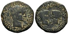 Celtiberian Coins Tarraco. Time of Tiberius. Unit. 14-36 AD. Tarragona. (Abh-2376). Anv.: TI. CAESAR. AVG. PONT. MAX. TRIB. POT. around laureate head of Tiberius right. Rev.: C.V.T between heads of Dr