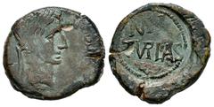 Celtiberian Coins Turiaso. Augustus period. Half unit. 27 BC - 14 AD. Tarazona (Zaragoza). (Abh-2463). (Acip-3295 como cuadrante). Anv.: (TI. C)AES(AR. AVG. F. IMP. PONT. M). around laureate head of T