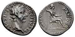 Roman Imperial Tiberius. Denarius. 14-33 AD. Lugdunum. (Spink-1763). (Ric-26). (Seaby-16). Rev.: PONTIF MAXIM, Livia seated right holding branch and spear. Ag. 3,73 g. Choice VF. Est...250,00. Spanish