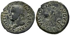 Roman Imperial Vitellius. Unit. 69 AD. Tarraco. (Ric-I 46). (Bmcre-107). Anv.: A VITELLIVS IMP GERMAN, laureate head to left, globe at point of bust. Rev.: VICTORIA AVGVSTI, Victory advancing to left,
