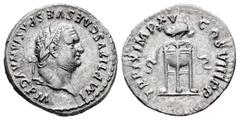 Roman Imperial Titus. Denarius. 80 AD. Rome. (Ric-128). (Rsc-321). Anv.: IMP TITVS CAES VESPASIAN AVG P M, laureate head right. Rev.: TR P IX IMP XV COS VIII P P, tripod with fillets; dolphin above. A