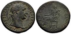 Roman Imperial Trajan. Sestertius. 101-102 AD. Rome. (Ric-II 432). (Woytek-107a). (Banti-336). Anv.: IMP CAES NERVA TRAIAN AVG GERM P M, laureate head to right. Rev.: TR POT COS IIII P P, Pax seated t