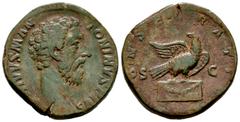 Roman Imperial Divus Marcus Aurelius. Sestertius. 180 AD. Rome. Struck under Commodus. (Ric-657). Anv.: DIVVS M ANTONINVS PIVS, bare head right. Rev.: CONSECRATIO, eagle standing right, with head left