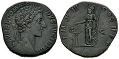Roman Imperial Commodus. Sestertius. 179 AD. Rome. (Ric-1607). (Bmcre-1703). (C-234). Anv.: L AVREL COMMODVS AVG TR P IIII, laureate head right. Rev.: IMP III COS II P P, Minerva standing left, extend