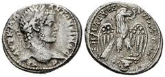 Roman Imperial Caracalla. Seleucis and Pieria. Tetradrachm. 215-217 AD. Carrhae. (Prieur-820). Anv.: ΑΥΤ•Κ•Μ•Α ΑΝΤΩΝЄΙΝΟC•CЄΒ• Laureate head of Caracalla to right. Rev.: ΔΗΜΑΡΧ•ЄΞ ΥΠΑ•ΤΟ•Δ• Eagle with