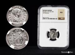 Roman Imperial Plautilla. Denarius. 202 AD. Rome. (Spink-7073). (Ric-362). (Seaby-21). Rev.: PROPAGO IMPERI. Plautilla and Caracalla clasping hands. Ag. Slabbed by NGC as AU. This coin is exempt from 