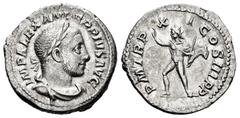 Roman Imperial Severus Alexander. Denarius. 232 AD. Rome. (Ric-IV 114). (Bmcre-862 var). (Rsc-434a). Anv.: IMP ALEXANDER PIVS AVG, laureate and draped bust to right. Rev.: P M TR P XI COS III P P, Sol