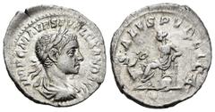 Roman Imperial Severus Alexander. Denarius. 222-235 AD. Rome. (Ric-178). Anv.: IMP C M AVR SEV ALEXAND AVG, laureate, draped and cuirassed bust right. Rev.: SALVS PVBLICA, Salus seated left, feeding f