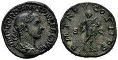 Roman Imperial Gordian III. Sestertius. 241-243 AD. Rome. (Ric-IV 306a). (C-254). Anv.: IMP GORDIANVS PIVS FEL AVG, laureate, draped and cuirassed bust to right. Rev.: P M TR P IIII COS II P P, Empero