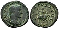 Roman Imperial Philip I. Sestertius. 244-249 AD. Rome. (Ric-165 (misdescribed)). Anv.: IMP M IVL PHILIPPVS AVG Laureate, draped and cuirassed bust right. Rev.: ADVENTVS AVG Philip on horse pacing left