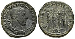 Roman Imperial Philip I. Sestertius. 244-249 AD. Rome. (Ric-IV 171a). (C-51). (Banti-13). Anv.: IMP M IVL PHILIPPVS AVG, laureate, draped and cuirassed bust to right. Rev.: FIDES EXERCITVS, four stand