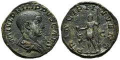 Roman Imperial Philip II. Sestertius. 244-246 AD. Rome. (Ric-IV 256a). (C-49). Anv.: M IVL PHILIPPVS CAES, bare-headed and draped bust to right. Rev.: PRINCIPI IVVENT, Prince standing to left, holding