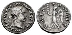 Roman Imperial Trajan. Denarius. 101-102 d.C. Rome. (Ric-60). (Woytek-130). (Bmcre-121). Anv.: IMP CAES NERVA TRAIAN AVG GERM, laureate head right. Rev.: P M TR P COS IIII P P, Victory advancing left,