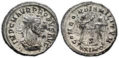 Roman Imperial Probus. Antoninianus. 280 d.C. Cyzicus. (Ric-666). Rev.: CONCORD MILIT / S. Emperor standing to the left shaking hands in Concord. In exergue XXIMC. 3,88 g. Original silvering. XF. Est.