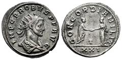 Roman Imperial Probus. Antoninianus. 280 d.C. Siscia. (Spink-11967). (Ric-666). Rev.: CONCORD MILIT / T. Emperor standing to the left shaking hands in Concord. In exergue XXI. Ag. 3,72 g. Choice VF. E