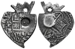 Philip II (1556-1598) Philip II (1556-1598). (1578-1595). Potosí. Ag. 13,25 g. Counterfeit coin of 8 reales cut to 4 reales heart-shaped, with counterfeit Guatemala stamp. Choice F. Est...120,00. Span