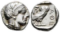 Greek Coins Attica. Tetradrachm. 454-404 BC. Athens. (Gc-2526). (Sng Cop-31). Anv.: Head of Athena right, wearing crested Attic helmet ornamented with three olive leaves above visor and spiral palmett