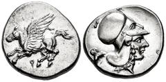 Greek Coins Corinthia. Corinth. Stater. 375-300 BC. (CD Corinth-unlisted). (Pegasi-157). (Bmc-346). Anv.: Ϙ Pegasus with straight wing flying to left. Rev.: Head of Aphrodite to right, wearing Corinth