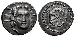 Greek Coins Rhodos. Rhodes. Drachm. 88/42 BC-AD 14. Phainilas, magistrate. (Hgc-6, 1456). Anv.: Radiate head of Helios facing slightly to right. Rev.: Rose, seen from above; ΦAINIΛAΣ above, (P-O) acro