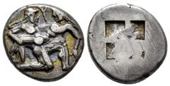 Greek Coins Thrace Islands. Thasos. Tetradrachm. 460 BC. (Sng Cop-1009). (Le Rider-2). Anv.: Satyr carrying off protesting nymph. Rev.: Quadripartite incuse square. Ag. 9,04 g. Iridescent patina. Choi