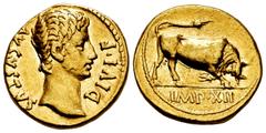 Roman Imperatorial Augustus. Aureus. 27 BC-14 AD. Lugdunum. (Ric-176a). (Calicó-220). Anv.: AVGVSTVS DIVI F. Bare head right. Rev.: IMP XII. Bull butting right. Au. 7,81 g. Very rare. Ex NAC 1991. Cho
