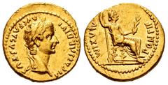 Roman Imperial Tiberius. Aureus. 14-37 AD. Lugdunum. (Ric-29). (Bmcre-46). (Cal-294). Anv.: TI CAESAR DIVI AVG F AVGVSTVS. Laureate head of Tiberius right with tie over his shoulder. Rev.: PONTIF MAXI