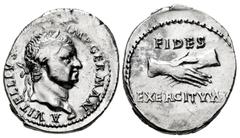 Roman Imperial Vitellius. Denarius. 69 AD. Lugdunum. (Ric-53). (Rsc-33a). (Bmcre-114). Anv.: A VITELLIVS IMP GERMAN, laureate head right, with globe at point of neck truncation. Rev.: FIDES EXERCITVVM