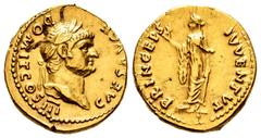Roman Imperial Domitian. Aureus. 75 AD. Rome. (Ric-787). (Calicó-912). (Bmc-154-5). Anv.: CAES AVG F DOMIT COS III, laureate head to right. Rev.: PRINCEPS IVVENTVT, Spes advancing to left, holding flo