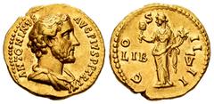 Roman Imperial Antoninus Pius. Aureus. 147-148 AD. Rome. (Ric-169b). (Calicó-1578). (Bmcre-628). Anv.: ANTONINVS AVG PIVS P P TR P XI, bare headed and draped bust right. Rev.: COS IIII, Liberalitas st