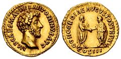 Roman Imperial Marcus Aurelius. Aureus. 161 AD. Rome. (Ric-10). (Calicó-1822). (Bmcre-7). Anv.: IMP CAES M AVREL ANTONINVS AVG, laureate head right. Rev.: CONCORDIAE AVGVSTOR TR P XV, togate figures o