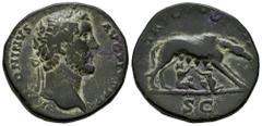 Roman Imperial Antoninus Pius. Sestertius. 140-144 AD. Rome. (Ric-648). (Bmcre-1318). Anv.: ANTONINVS AVG PIVS P P, laureate head to right. Rev.: TR POT COS III, she-wolf standing to right, suckling t