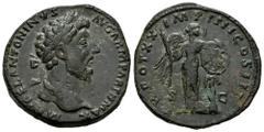 Roman Imperial Marcus Aurelius. Sestertius. 166 AD. Rome. (Ric-III 931). (Bmcre-1289). (C-807). Anv.: M AVREL ANTONINVS AVG ARM PARTH MAX, laureate head to right. Rev.: [T]R POT XX IMP IIII COS III, V