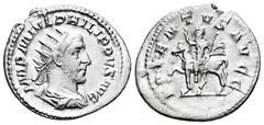 Roman Imperial Philip I. Antoninianus. 244-247 AD. Rome. (Ric-26b). (Rsc-3). Rev.: ADVENTVS AVGG, emperor riding to left, holding spear and raising hand. Ag. 4,14 g. Almost XF/Choice VF. Est...40,00. 
