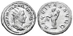 Roman Imperial Philip I. Antoninianus. 244-247 AD. Rome. (Ric-27). (Rsc-9). Rev.: AEQVITAS AVGG, Aequitas standing to left, holding scales and cornucopiae. Ag. 4,82 g. Almost XF. Est...50,00. Spanish 