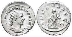 Roman Imperial Philip I. Antoninianus. 244-247 AD. Rome. (Ric-28c). (Rsc-25). Rev.: ANNONA AVGG, Annona standing to left, holding cornucopiae and corn ears over modius. Ag. 3,94 g. Hairline on reverse