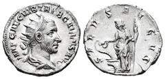 Roman Imperial Trebonianus Gallus. Antoninianus. 251-253 AD. Rome. (Ric-46a (SALVS AVGG)). Rev.: SALVS AVGVS. Salus standing left with sceptre, feeding snake rising from altar out of patera. Ag. 3,90 