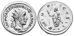 Roman Imperial Volusian. Antoninianus. 253 AD. Rome. (Ric-140). (Rsc-92). Rev.: P M TR P IIII COS II, Emperor standing to left, holding branch and short transverse sceptre. Ag. 3,76 g. AU/XF. Est...80