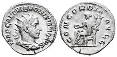 Roman Imperial Volusian. Antoninianus. 251-253 AD. Rome. (Ric-168). (Rsc-25). Rev.: CONCORDIA AVGG, Concordia seated to left, holding patera and double cornucopiae. Ag. 3,17 g. C - A on the sides of t