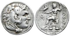 Greek Coins Ionia. Miletos. Tetradrachm. 295-270 BC. In the name and types of Alexander III of Macedon. (Price-2150). Anv.: Head of Herakles to right, wearing lion skin headdress. Rev.: Zeus Aëtophoro