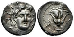 Greek Coins Rhodos. Rhodes. Didrachm. 275-250 BC. Agesidamos magistrate. (Ashton-184). (Hgc-6, 1439). Anv.: Head of Helios facing slightly to right. Rev.: Rose, bud to right; AΓHΣIΔA(MOΣ) above, P-O f