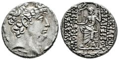 Greek Coins Seleukid Kingdom. Philip I Philadelphos. Tetradrachm. 88 BC. Antioch. (SC-2463). Anv.: Diademed head to right. Rev.: ΒΑΣΙΛΕΩΣ ΦΙΛΙΠΠΟV ΕΠΙΦΑΝΟVΣ ΦΙΛΑΔΕΛΦΟV. Zeus Nikephoros seated left on 