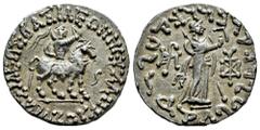 Greek Coins Indo-Skythians. Azes II. Tetradrachm. 58-20/19 BC. (Senior-Tipo 98.327v). Anv.: BAΣIΛEΩΣ BAΣIΛEΩN MEΓAΛOY. Azes right on horseback, holding whip; "da" in Karosthi to right. Rev.: Pallas At