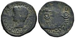 Celtiberian Coins Acci. Time of Tiberius. Unit. 14-36 AD. Guadix (Granada). (Abh-39). Anv.: TI. CAESAR. DIVI. AVG. F. AVGVSTVS. Laureate head of Tiberius left. Rev.: Legionary eagles and ensigns, L. I