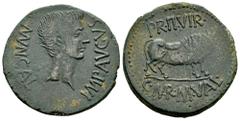 Celtiberian Coins Calagurris. Augustus period. Unit. 27 BC - 14 AD. Calahorra (La Rioja). (Abh-415). (Acip-3121). Anv.: MVN. CALAG. IMP. AVGVSTVS. Bare head of Augustus right. Rev.: Bull right, PR. II