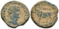 Celtiberian Coins Clunia. Time of Tiberius. Unit. 37-41 AD. Coruña del Conde (Burgos). (Abh-836). (Acip-3172). Anv.: TI. CAESAR. AVG. E AVGVSTVS. IMP. Laureate head of Tiberius right. Rev.: Bull left,