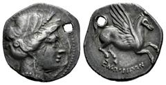 Celtiberian Coins Emporiton-Emporion. Drachm. 200-110 BC. L'Escala, Ampurias (Girona). (Abh-1108). Anv.: Persephone-Arethusa head right, three dolphins around. Rev.: Pegasus, with Chrysaor head right,