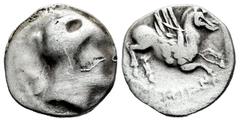 Celtiberian Coins Emporiton-Emporion. Drachm. Siglo III-II BC. Cataluña. (Abh-1139). (Villaronga-III, nº63). Anv.: Female head right, three dolphins around. Rev.: Pegasus, with Chrysaor head right, gr