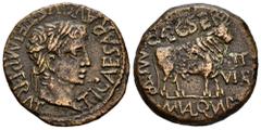 Celtiberian Coins Turiaso. Augustus period. Unit. 27 BC - 14 AD. Tarazona (Zaragoza). (Abh-2452). Anv.: TI. CAESAR. AVGVST. F. IMPERAT. around laureate head of Tiberius right. Rev.: Bull right, C. CAE